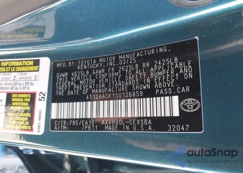 2025 Toyota Camry Se from USA, damaged, VIN 4T1DAACK1SU126859